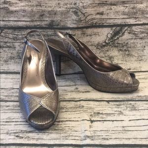 Solanz Pewter Snakeskin Peeptoe Heels